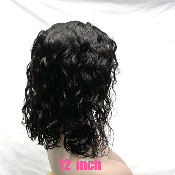 Virgin hair lace wig water wave curly black color 13*4" frontal lace design 12" short wig
