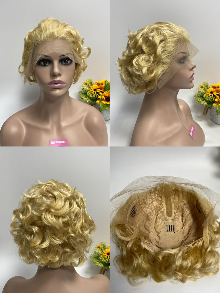 A-09 Blonde 613 color Curly T Lace Frontal Wig